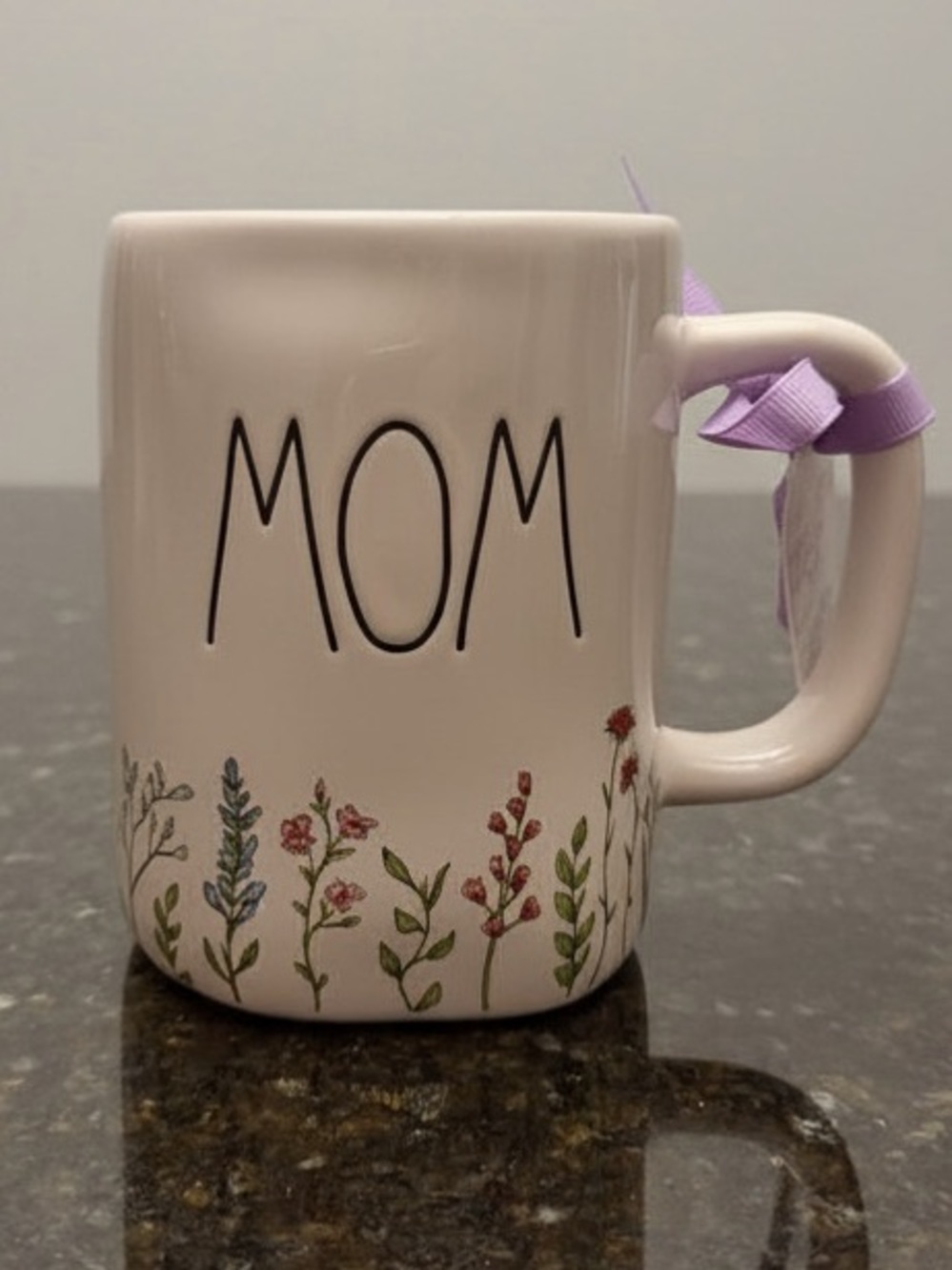 Rae Dunn MOM Mug with Floral Border and Lavender Ribbon